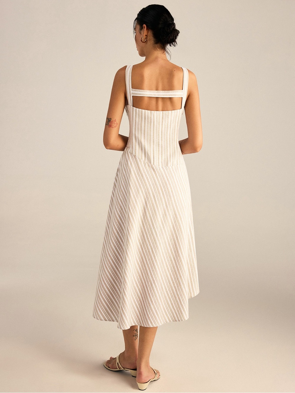 NWT Commense Striped Asymmetrical Hem Midi Dress Khaki Womens Medium - Picture 3 of 9